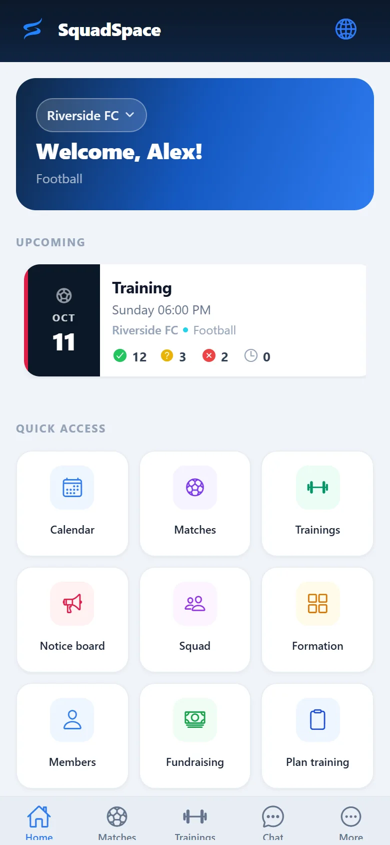 SquadSpace app – home screen